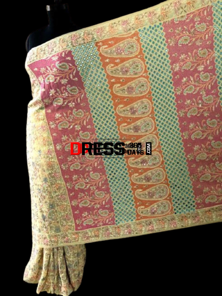 Hand Embroidered Multicolour Chikankari Gota Patti Saree