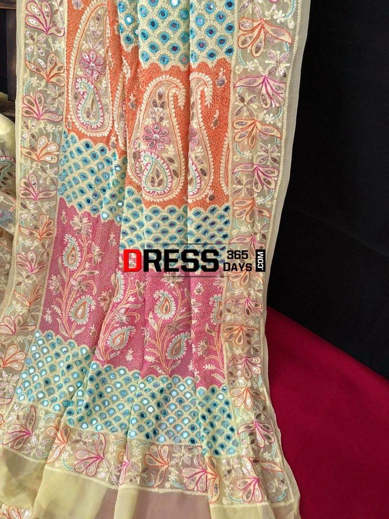 Hand Embroidered Multicolour Chikankari Gota Patti Saree