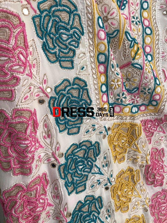 Hand Embroidered Multicolour Pearls Chikankari Suit Suits