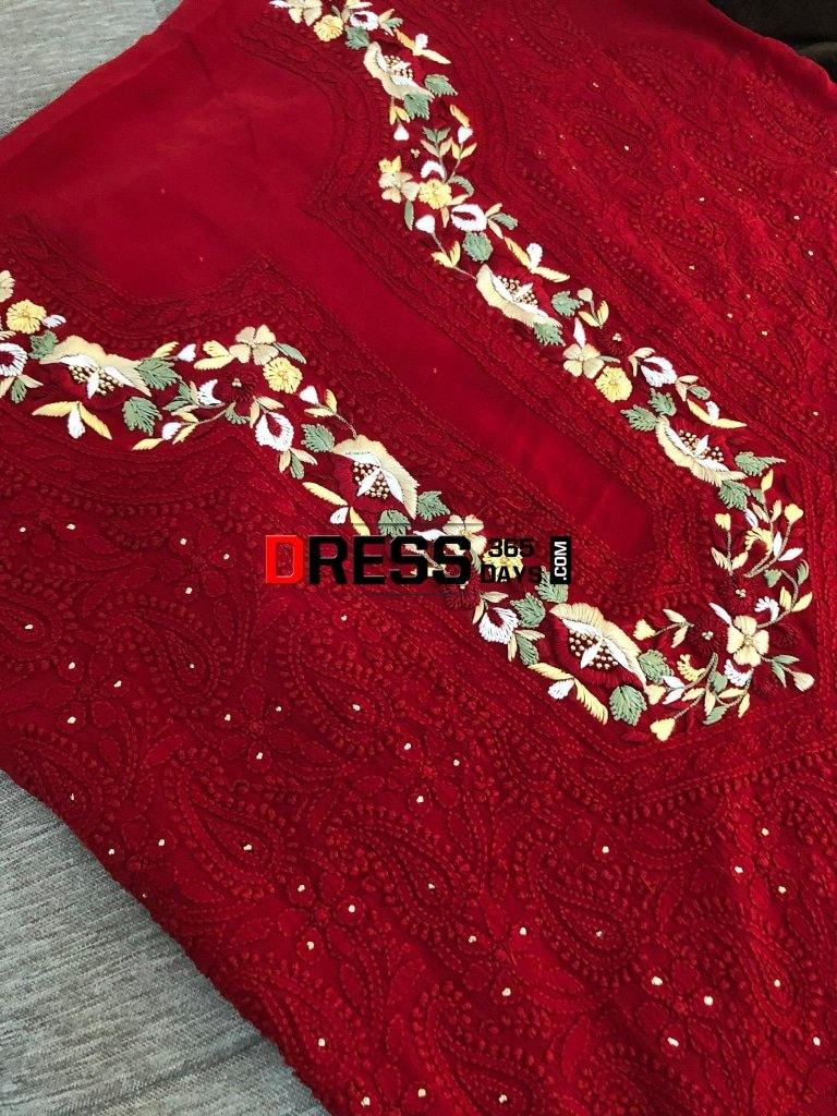 Hand Embroidered Red Parsi Gara Chikankari Suit Suits