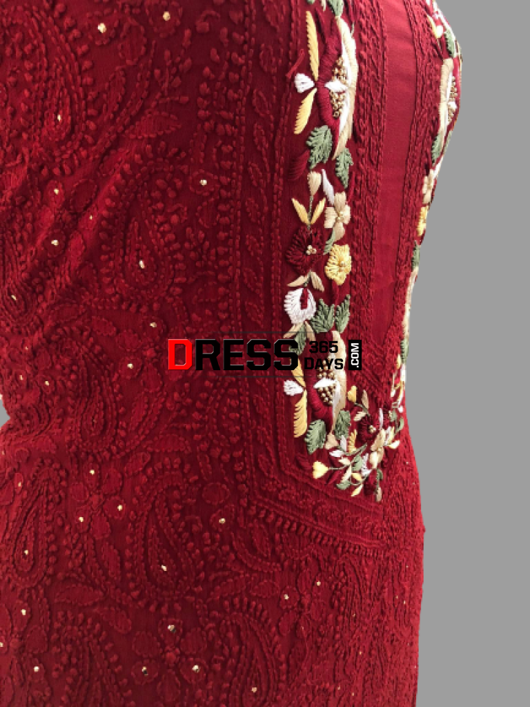 Hand Embroidered Red Parsi Gara Chikankari Suit Suits