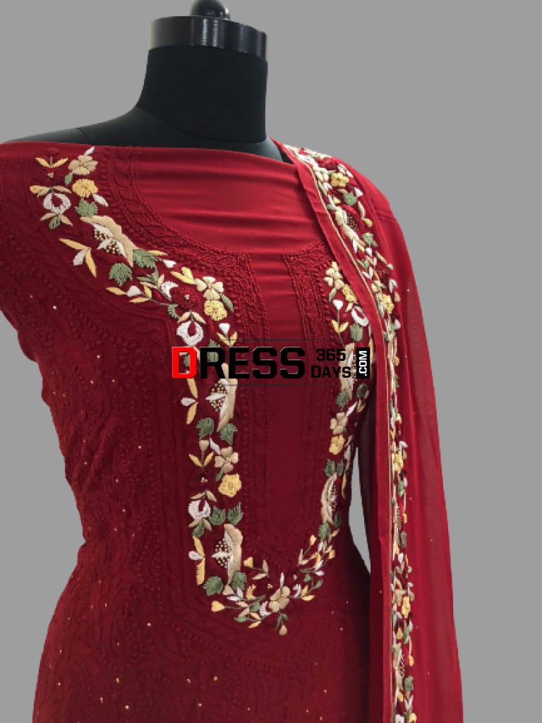 Hand Embroidered Red Parsi Gara Chikankari Suit Suits