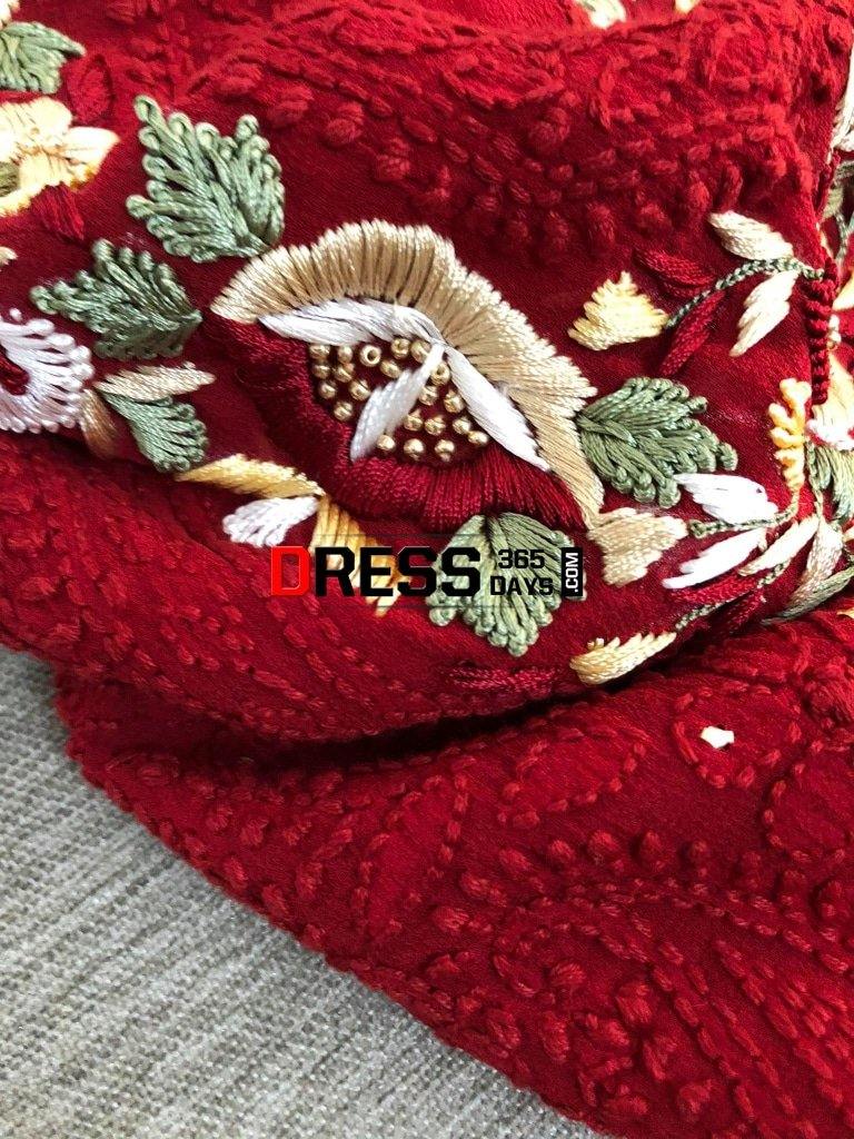 Hand Embroidered Red Parsi Gara Chikankari Suit Suits