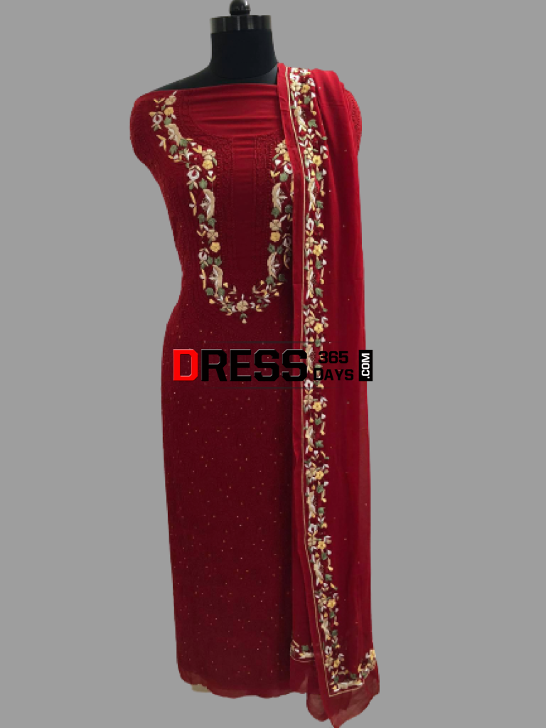 Hand Embroidered Red Parsi Gara Chikankari Suit Suits