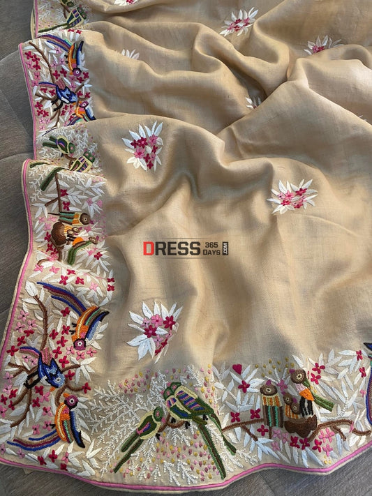 Hand Embroidered Tussar Silk French Knot Parsi Gara Saree