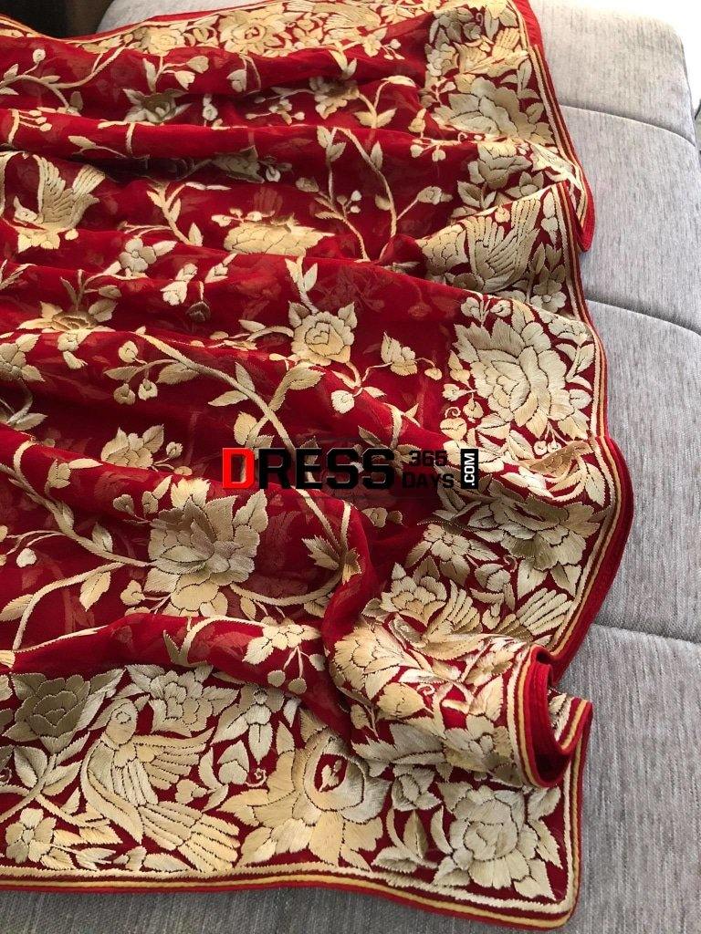 Heirloom Red And Gold Hand Embroidered Parsi Gara Dupatta