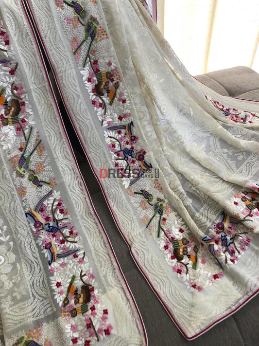 Ivory Chikankari Parsi Gara & French Knot Hand Embroidered Dupatta