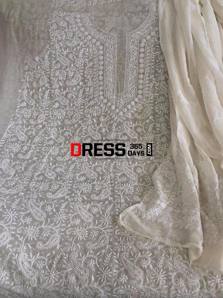 Ivory Fine Chikankari Front Back Embroidered Suit Suits