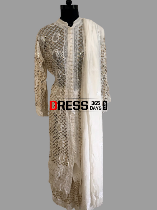 Ivory Hand Embroidered Kamdani Chikankari Sharara Set Suits