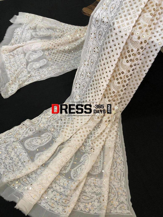 Ivory Hand Embroidered Ring Mukaish Chikankari Dupatta