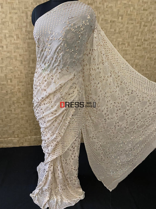 Ivory Kamdani Partywear Saree Chikankari