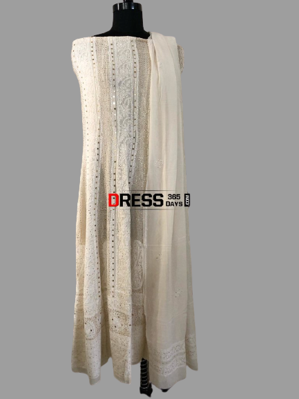 Ivory Mukaish Chikankari Anarkali Suit - Dress365days