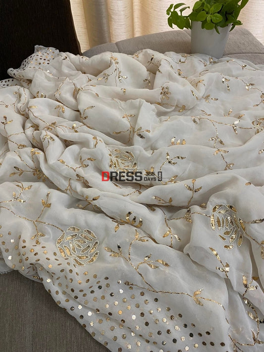 Ivory Pearl & Kamdani Saree Chikankari