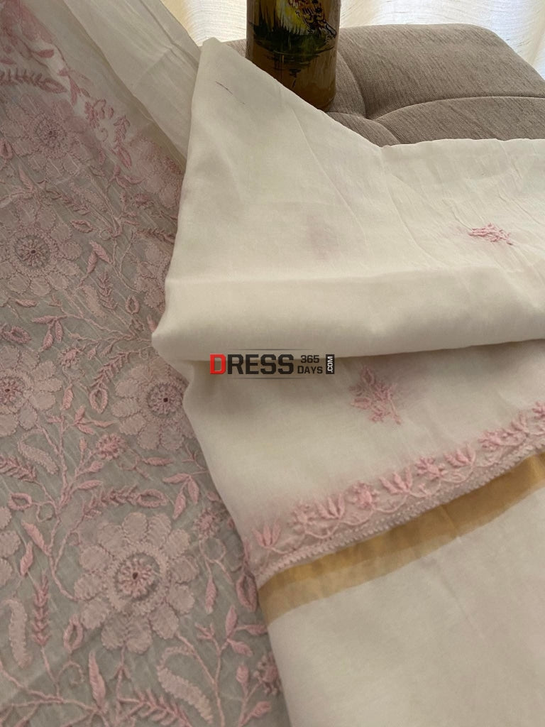 Ivory & Pink Mul Chanderi Chikankari Suit Suits