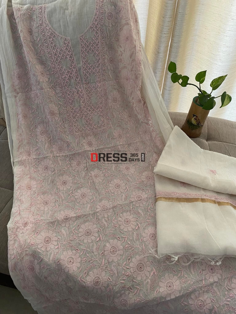 Ivory & Pink Mul Chanderi Chikankari Suit Suits