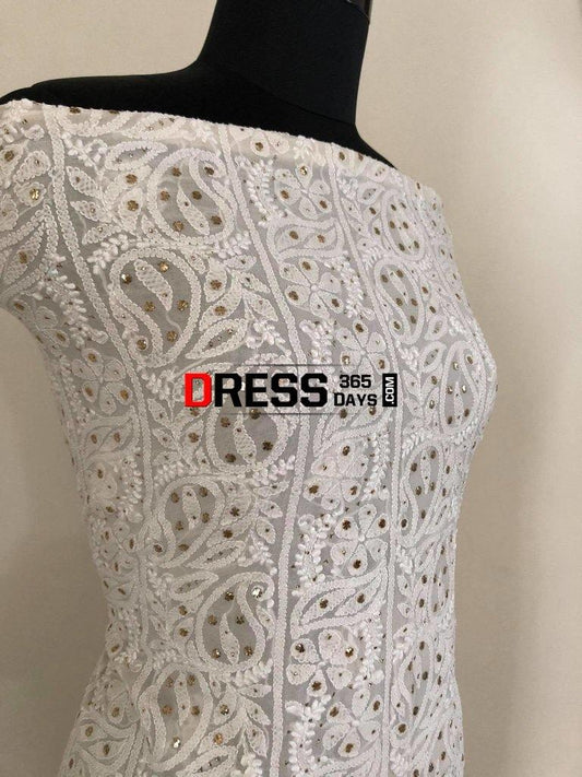 Ivory Pure Georgette Mukaish Chikankari Kurti Fabric