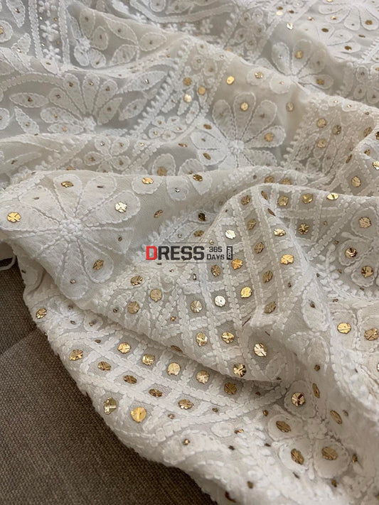 Ivory Pure Georgette Mukaish Chikankari Kurti Fabric