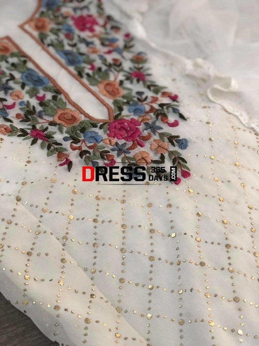 Ivory Pure Georgette Multicolour Embroidery Kamdani Suit Parsi Gara Suits