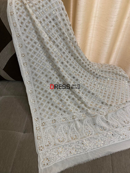 Ivory Ring Mukaish Chikankari Dupatta