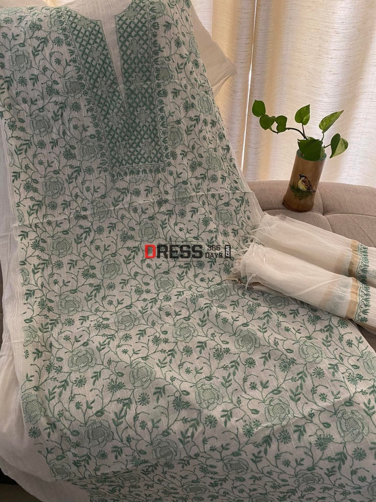 Ivory & Sea Green Mul Chanderi Chikankari Suit Suits