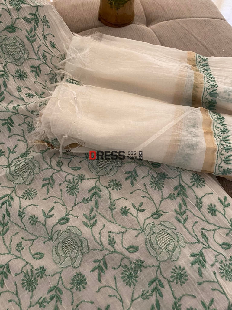 Ivory & Sea Green Mul Chanderi Chikankari Suit Suits