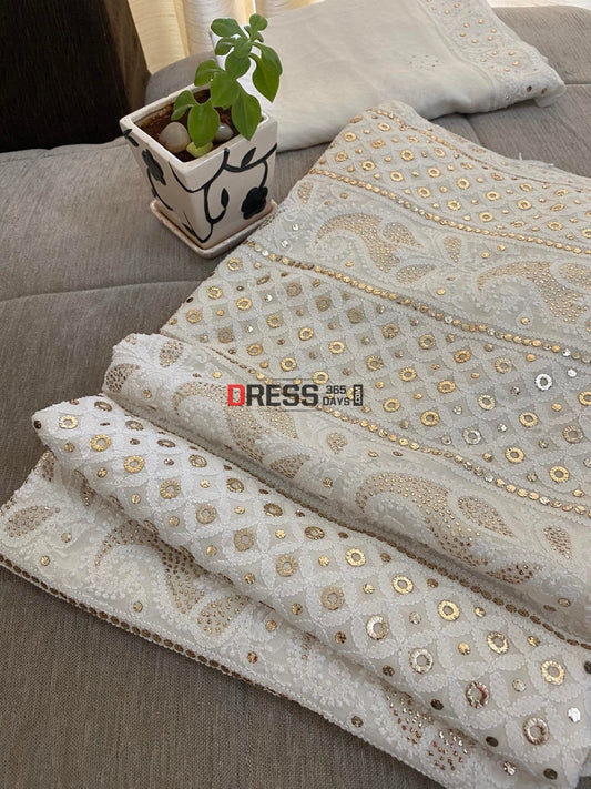 Ivory White Chikankari Ring Mukaish Suit Suits