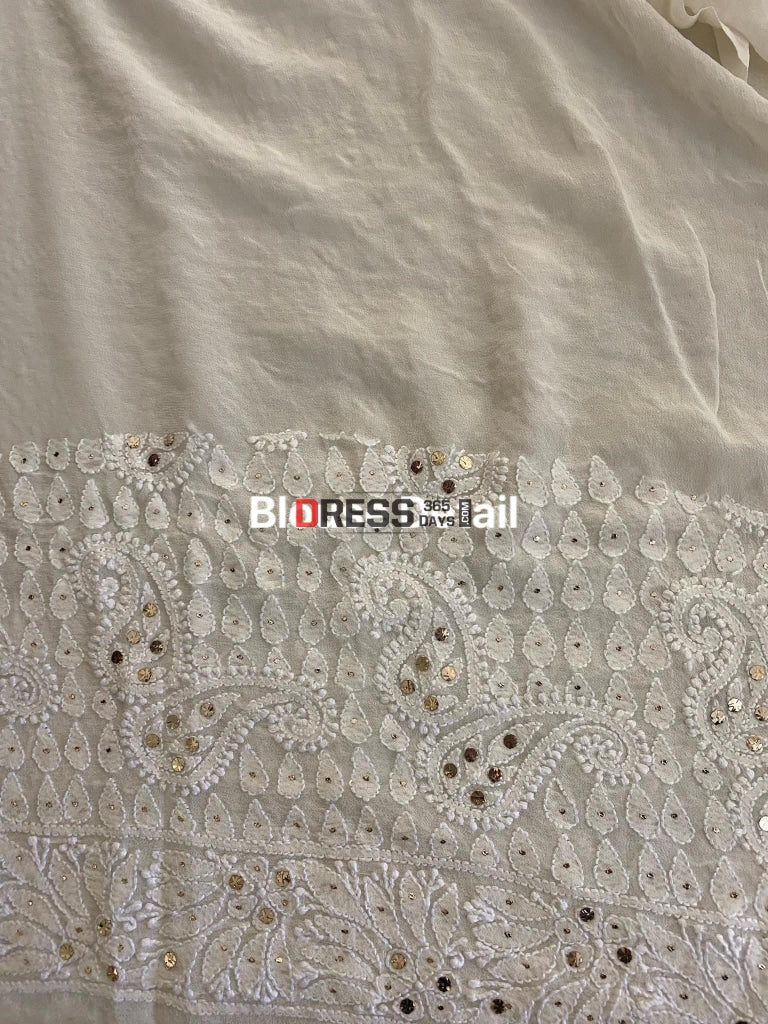 Ivory White Kamdani Chikankari Saree