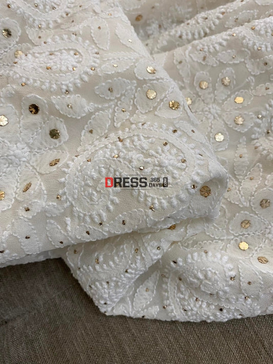 Ivory White Mukaish Chikankari Kurti Fabric (Only Kurti)