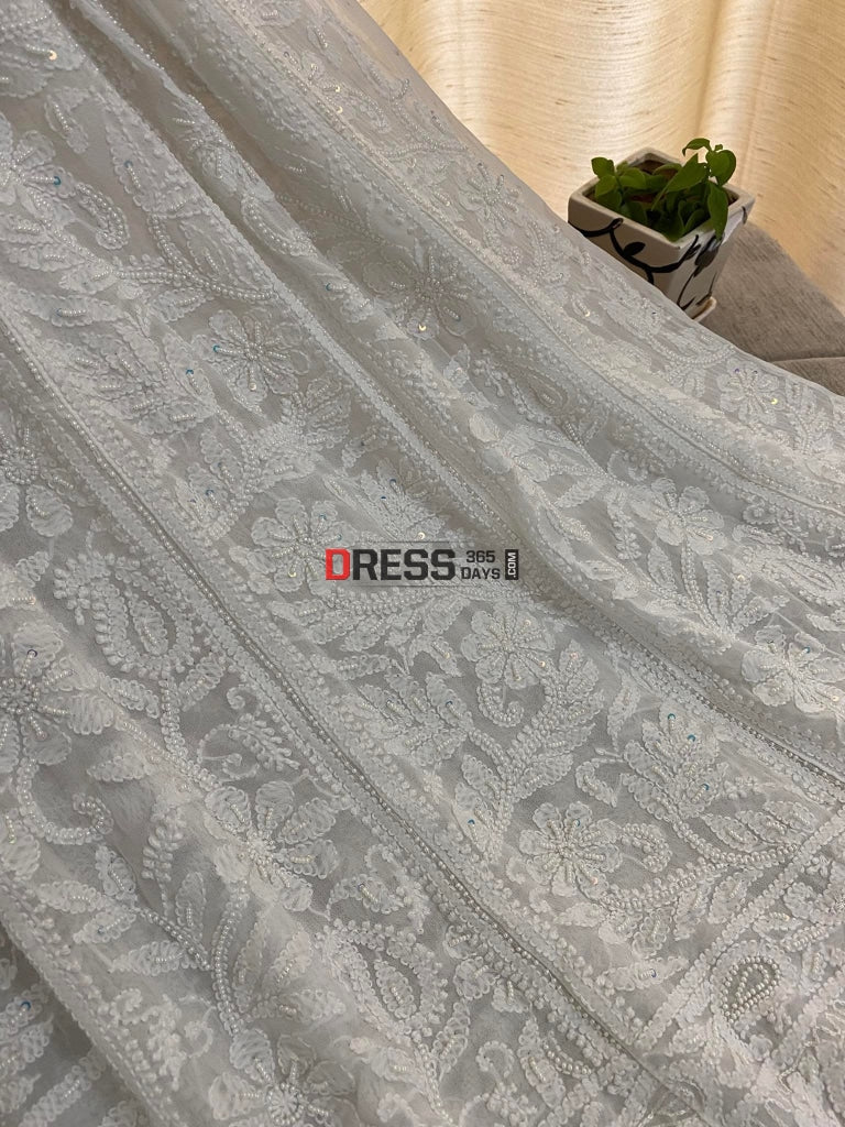 Ivory White Pearl Chikankari Anarkali Suit