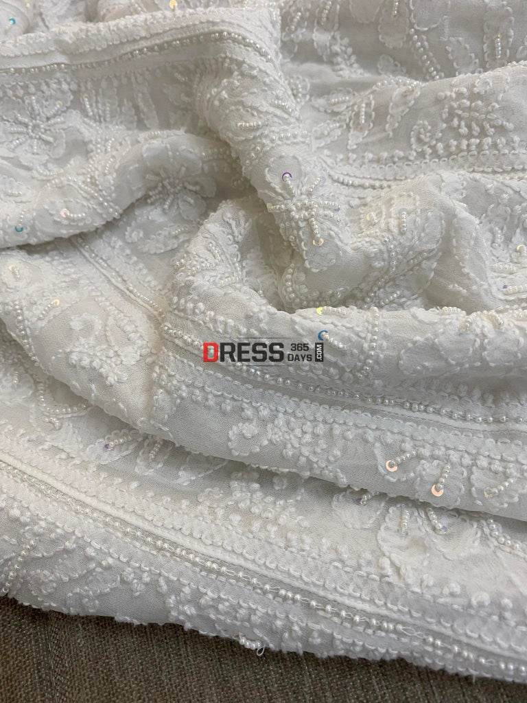 Ivory White Pearl Chikankari Anarkali Suit