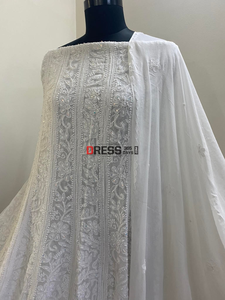 Ivory White Pearl Chikankari Anarkali Suit