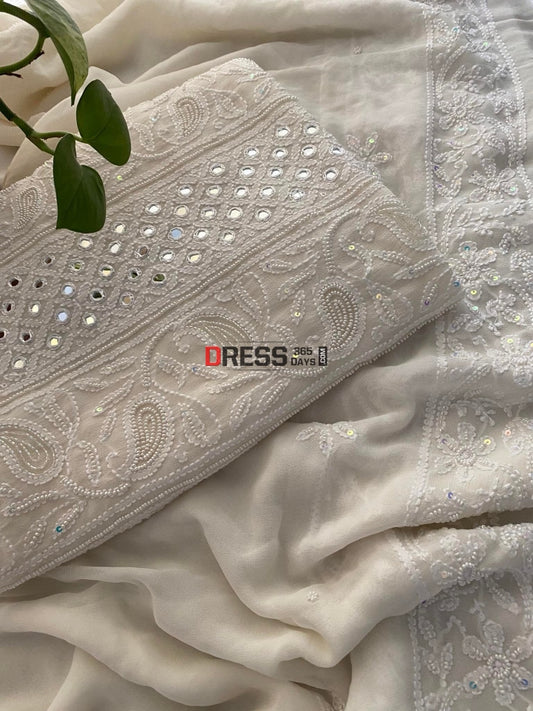 Ivory White Pearl & Mirror Chikankari Suit Suits