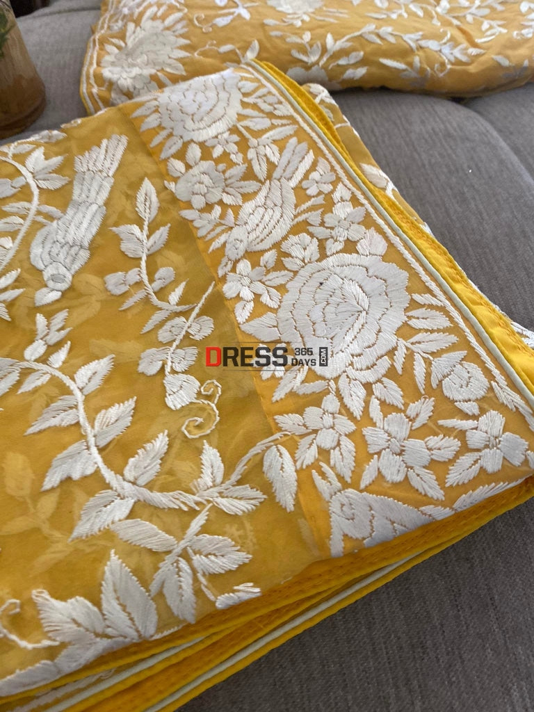 Ivory & Yellow Hand Embroidered Parsi Gara Suit (Three Piece) Suits