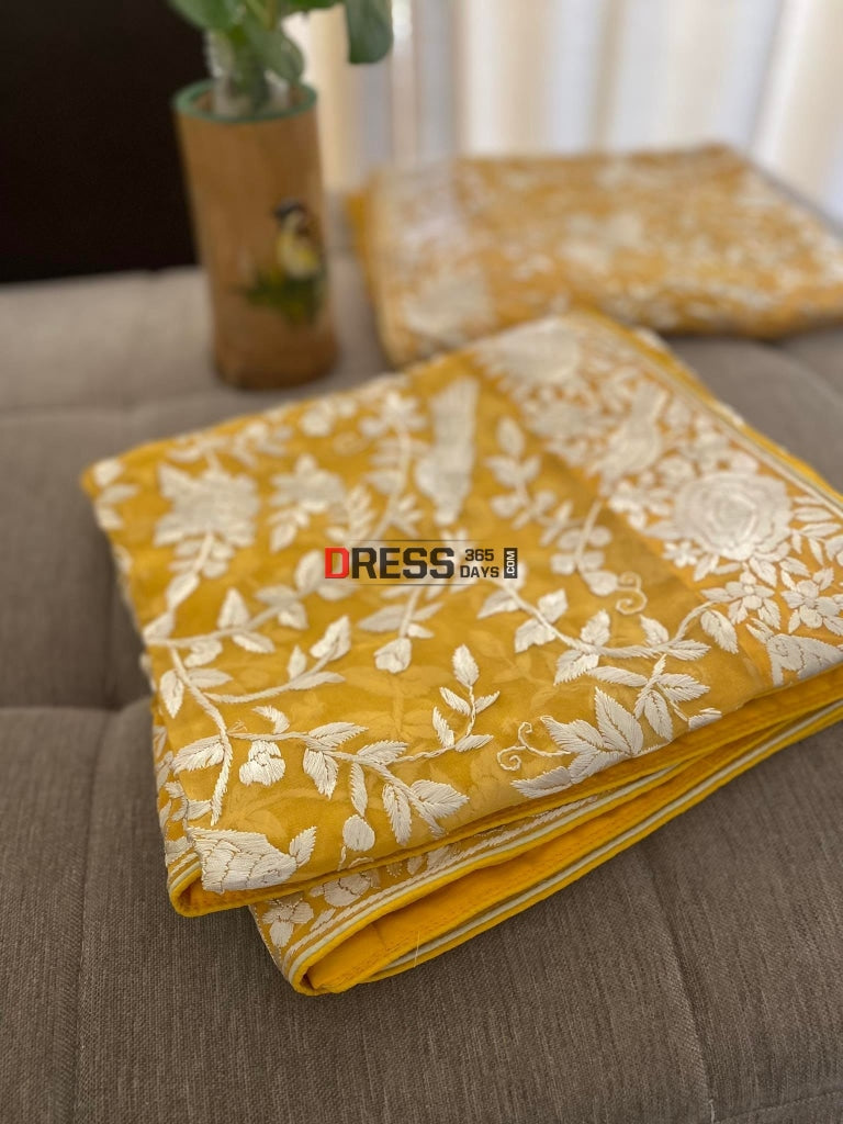 Ivory & Yellow Hand Embroidered Parsi Gara Suit (Three Piece) Suits