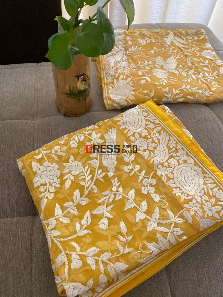 Ivory & Yellow Hand Embroidered Parsi Gara Suit (Three Piece) Suits