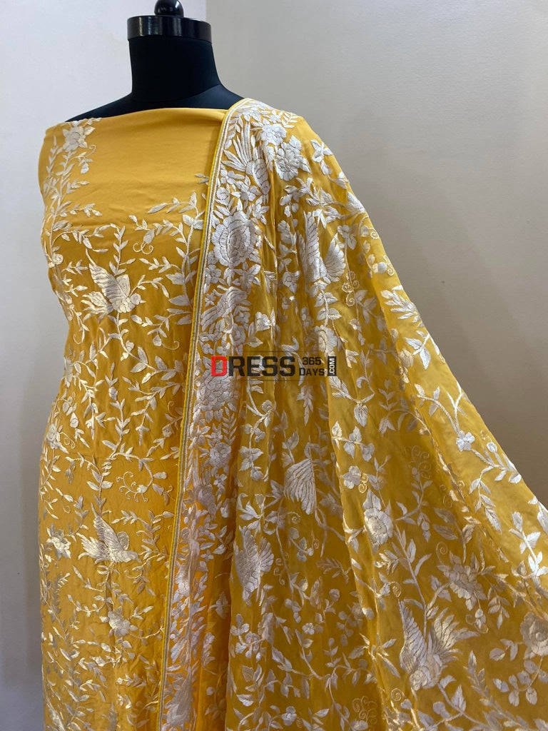 Ivory & Yellow Hand Embroidered Parsi Gara Suit (Three Piece) Suits