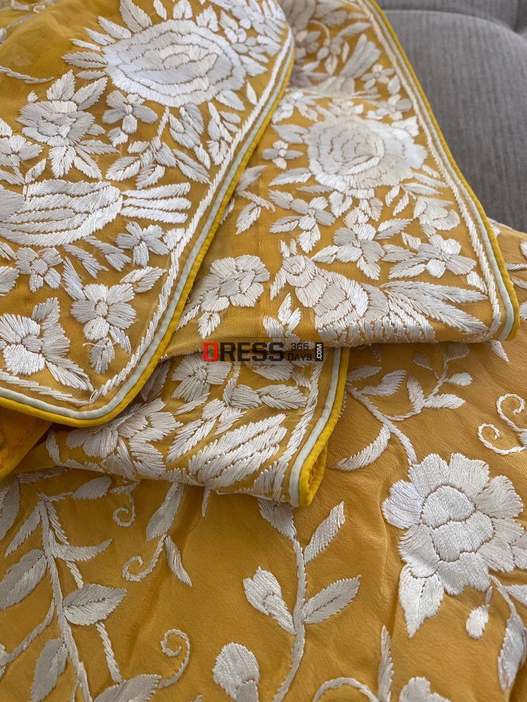 Ivory & Yellow Hand Embroidered Parsi Gara Suit (Three Piece) Suits