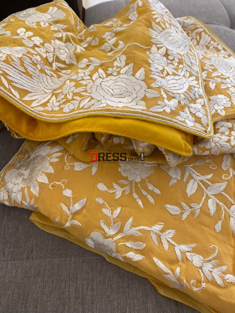 Ivory & Yellow Hand Embroidered Parsi Gara Suit (Three Piece) Suits