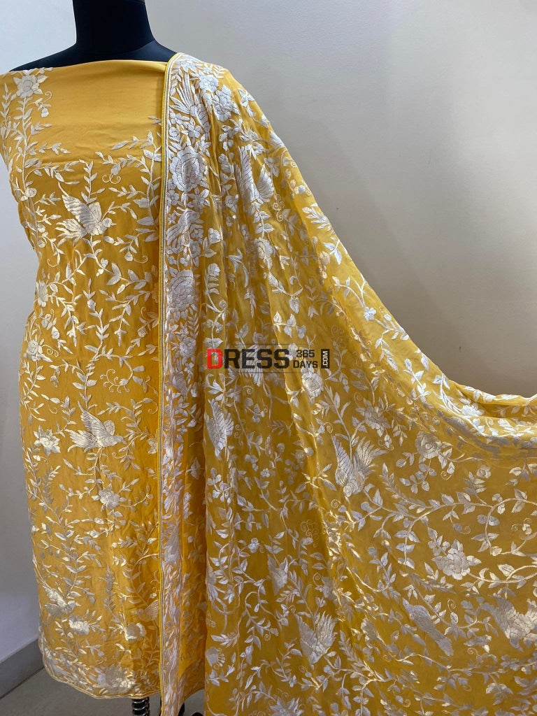 Ivory & Yellow Hand Embroidered Parsi Gara Suit (Three Piece) Suits