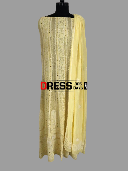 Lemon Yellow Mukaish Chikankari Anarkali Suit - Dress365days