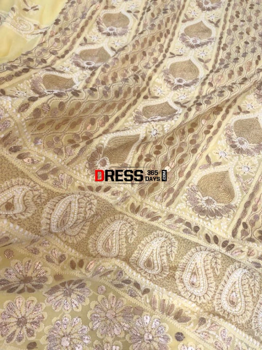 Lemon Yellow Pearl And Gota Patti Chikan Suit Chikankari Suits