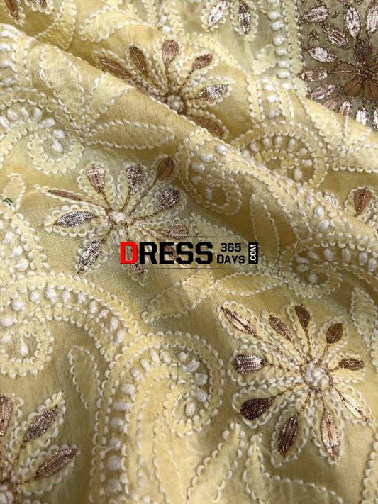 Lemon Yellow Tussar Silk Gota Patti Chikankari Kurti Fabric