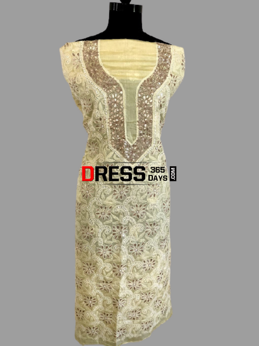 Lemon Yellow Tussar Silk Gota Patti Chikankari Kurti Fabric