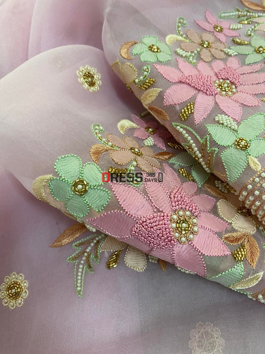 Light Pink Exclusive Organza Pearls Chikankari Suit Suits