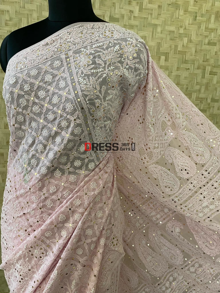 Light Pink Lucknowi Chikankari Mukaish Saree