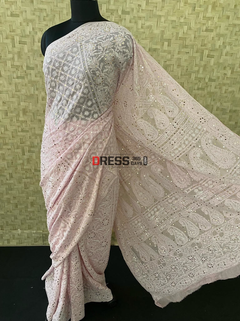 Light Pink Lucknowi Chikankari Mukaish Saree