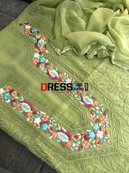 Mehndi Green Parsi Gara Chikankari Suit Suits