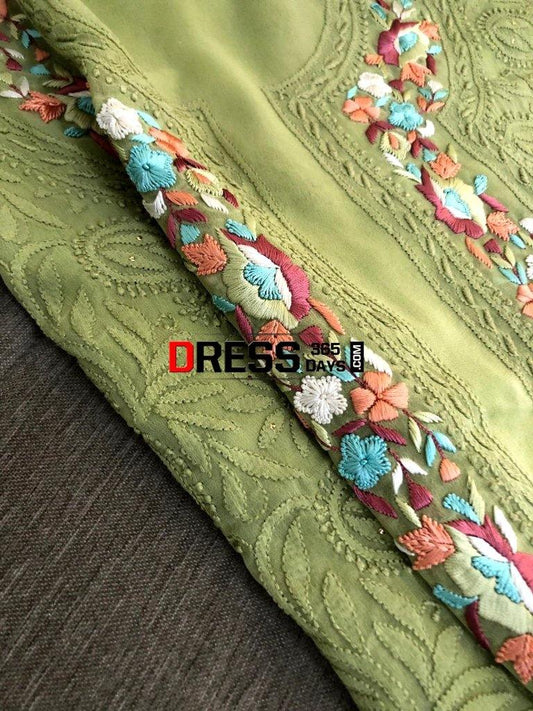 Mehndi Green Parsi Gara Chikankari Suit Suits