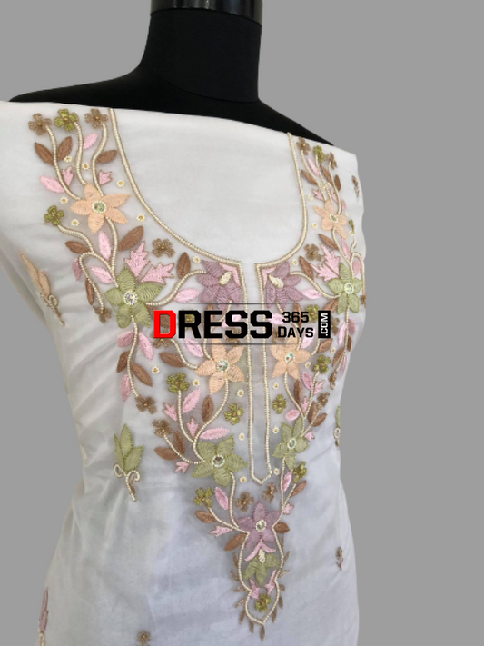 Multicolour Chikankari Neckline Organza Suit Suits