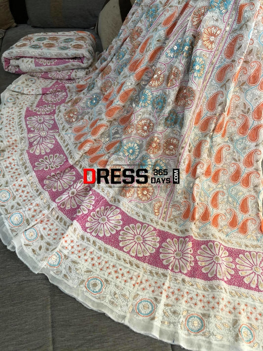 Multicolour Resham Chikankari Lehenga Set With Gota Patti Work